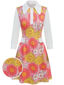 Clearance Retro Stage Orange 1960s Lapel Flowers Patchwork Dress