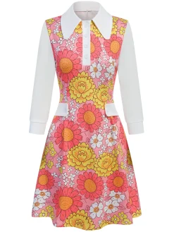Clearance Retro Stage Orange 1960s Lapel Flowers Patchwork Dress