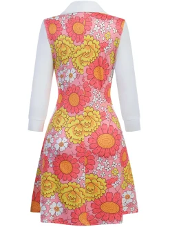 Clearance Retro Stage Orange 1960s Lapel Flowers Patchwork Dress