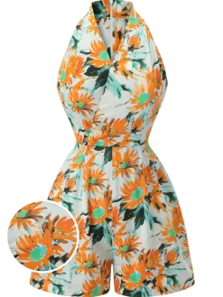Sale Retro Stage 1950s Painted Sunflower V-Neck Romper Orange