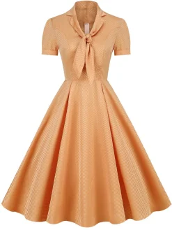 New Retro Stage 1950s Plaid Tie Collar Dress Orange