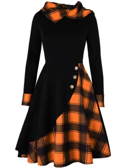 Outlet Retro Stage Orange 1950s Plaids Hooded Patchwork Dress