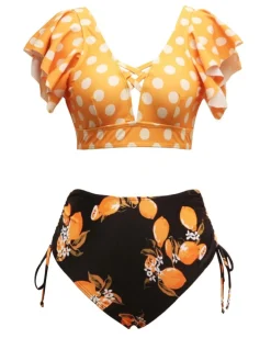 Online Retro Stage 1950s Polka Dots Lemon Ruffled Bikini Set Orange