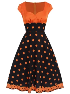 Clearance Retro Stage 1950s Pumpkin Face Sweetheart Neck Dress Orange