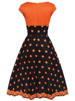 Clearance Retro Stage 1950s Pumpkin Face Sweetheart Neck Dress Orange