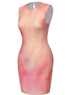 Fashion Retro Stage 1970s Rhinestone Slim Fit Sleeveless Dress Orange