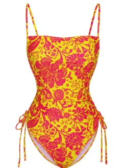 Clearance Retro Stage 1970s Russian Floral Drawstring Strap Swimsuit Orange