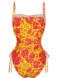 Clearance Retro Stage 1970s Russian Floral Drawstring Strap Swimsuit Orange