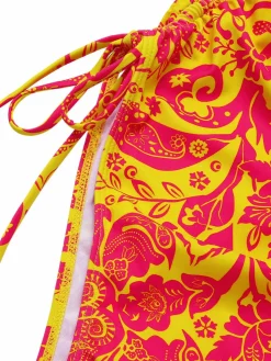 Clearance Retro Stage 1970s Russian Floral Drawstring Strap Swimsuit Orange