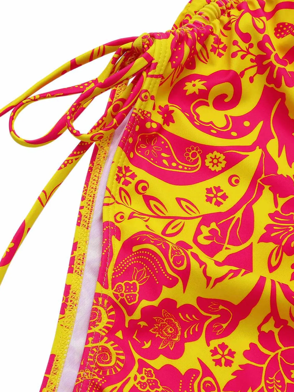 Clearance Retro Stage 1970s Russian Floral Drawstring Strap Swimsuit Orange