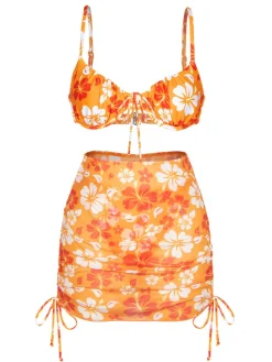 Discount Retro Stage 1950s Silhouette Floral Straps Skirt Bikini Orange