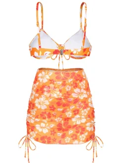 Discount Retro Stage 1950s Silhouette Floral Straps Skirt Bikini Orange