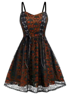 Clearance Retro Stage Orange 1980s Skull Pattern Gothic Style Dress