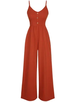 Hot Retro Stage 1950s Solid Button Suspender Jumpsuit Orange