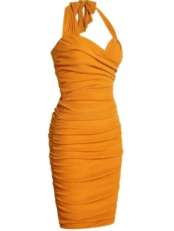 Fashion Retro Stage 1960s Solid Folds Halter Pencil Dress Orange