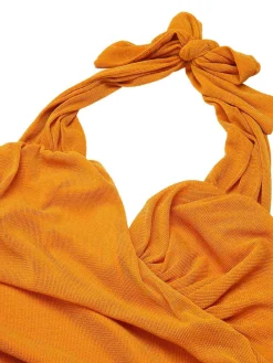 Fashion Retro Stage 1960s Solid Folds Halter Pencil Dress Orange
