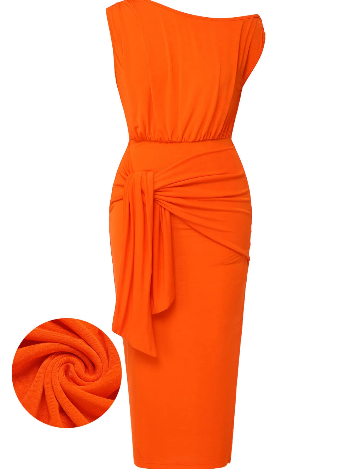 Clearance Retro Stage 1960s Solid One Shoulder Sleeveless Dress Orange