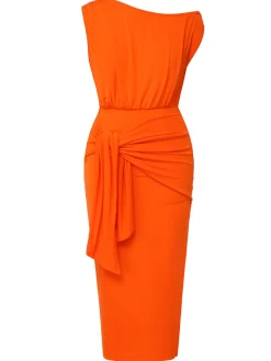 Clearance Retro Stage 1960s Solid One Shoulder Sleeveless Dress Orange