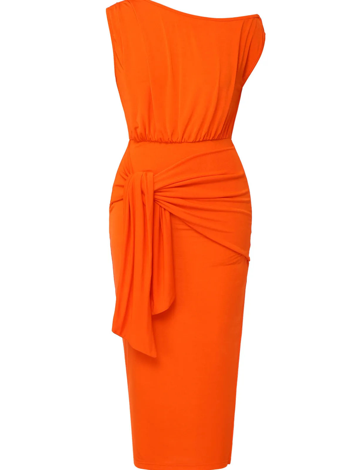 Clearance Retro Stage 1960s Solid One Shoulder Sleeveless Dress Orange