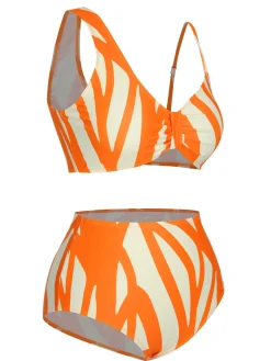 Discount Retro Stage 1960s Strap Stripe Swimsuit Orange