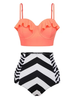 Best Retro Stage 1940s Stripe Ruffles Strap Swimsuit Orange