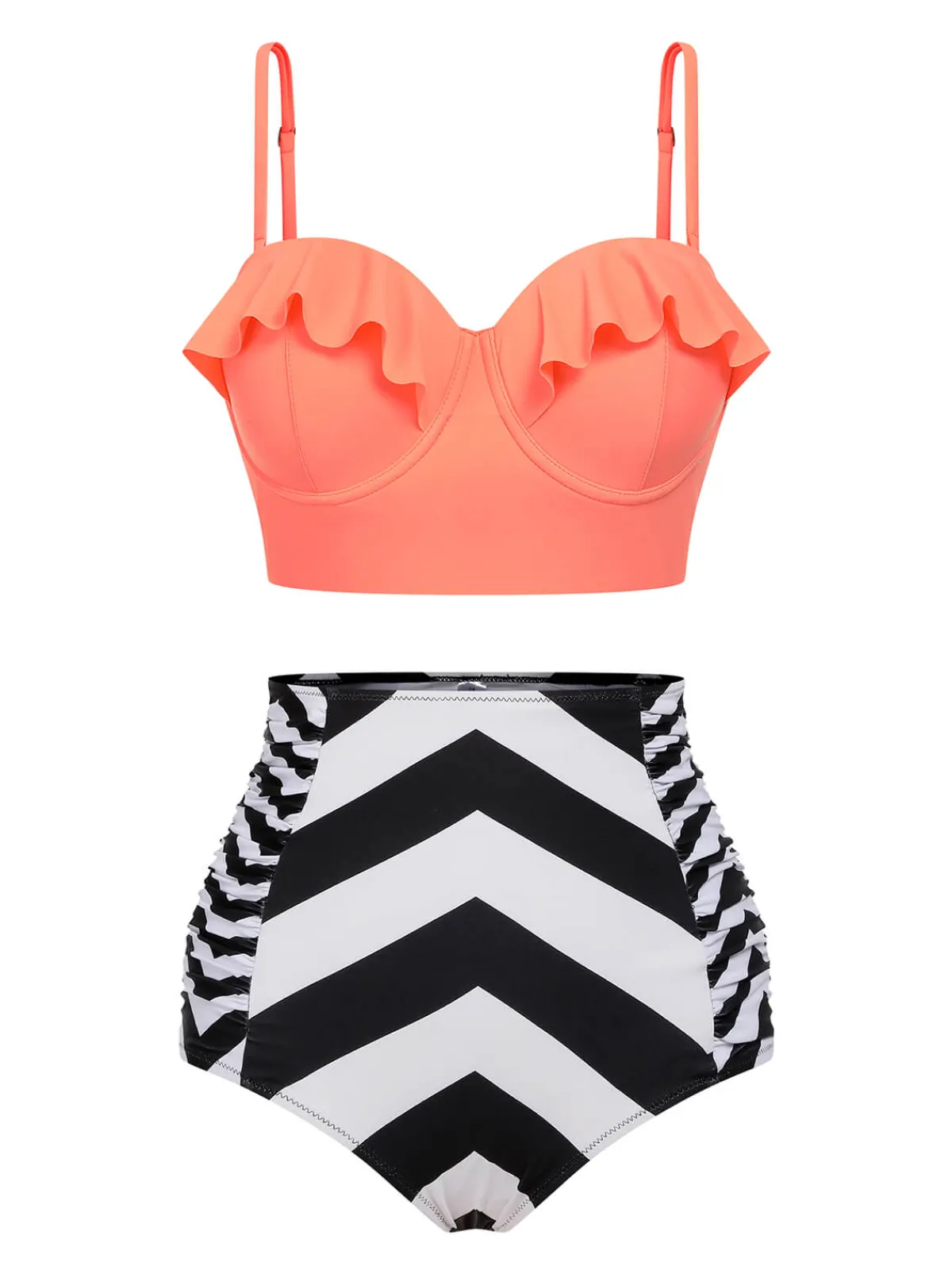 Best Retro Stage 1940s Stripe Ruffles Strap Swimsuit Orange