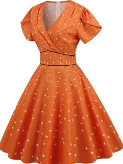 Hot Retro Stage 1950s V-Neck Heart Swing Dress Orange