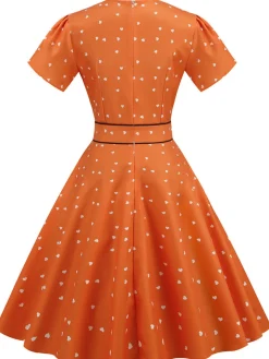 Hot Retro Stage 1950s V-Neck Heart Swing Dress Orange