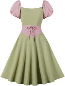 Fashion Retro Stage 1950s Contrast Puff Sleeves Dress Pale Green