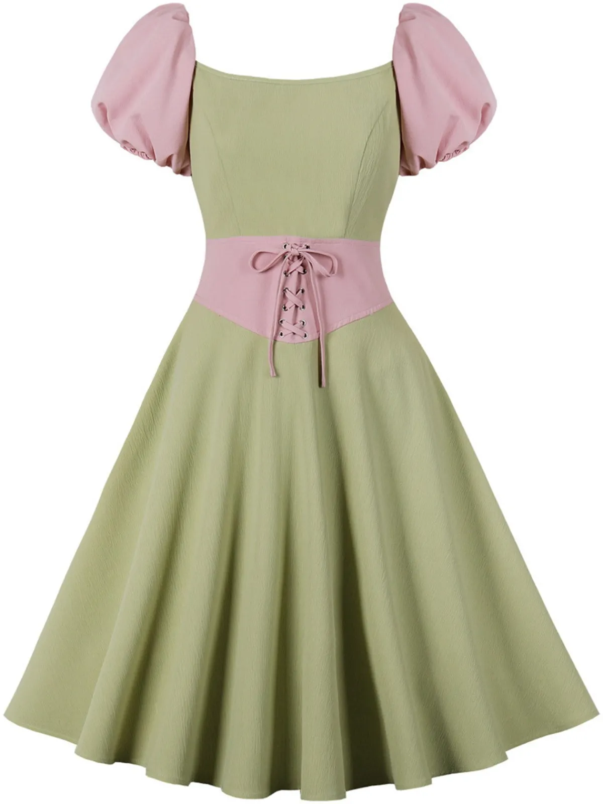 Fashion Retro Stage 1950s Contrast Puff Sleeves Dress Pale Green