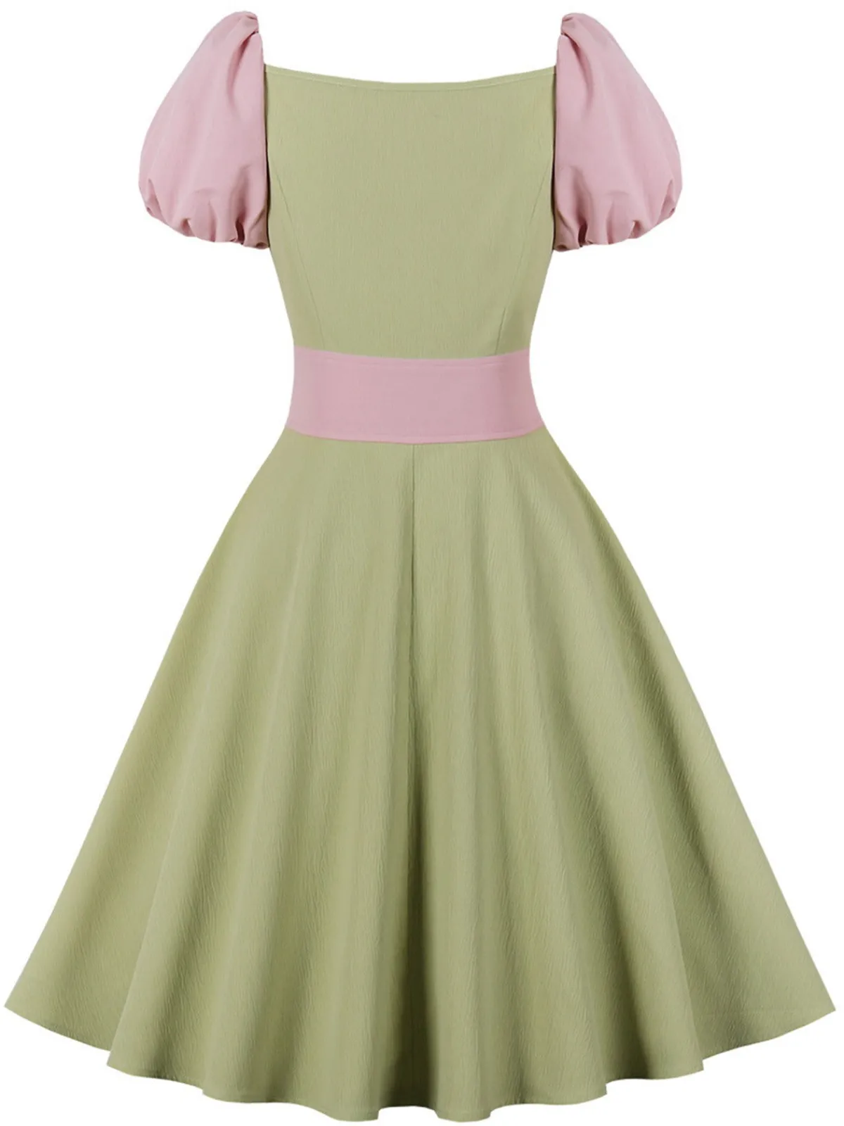 Fashion Retro Stage 1950s Contrast Puff Sleeves Dress Pale Green