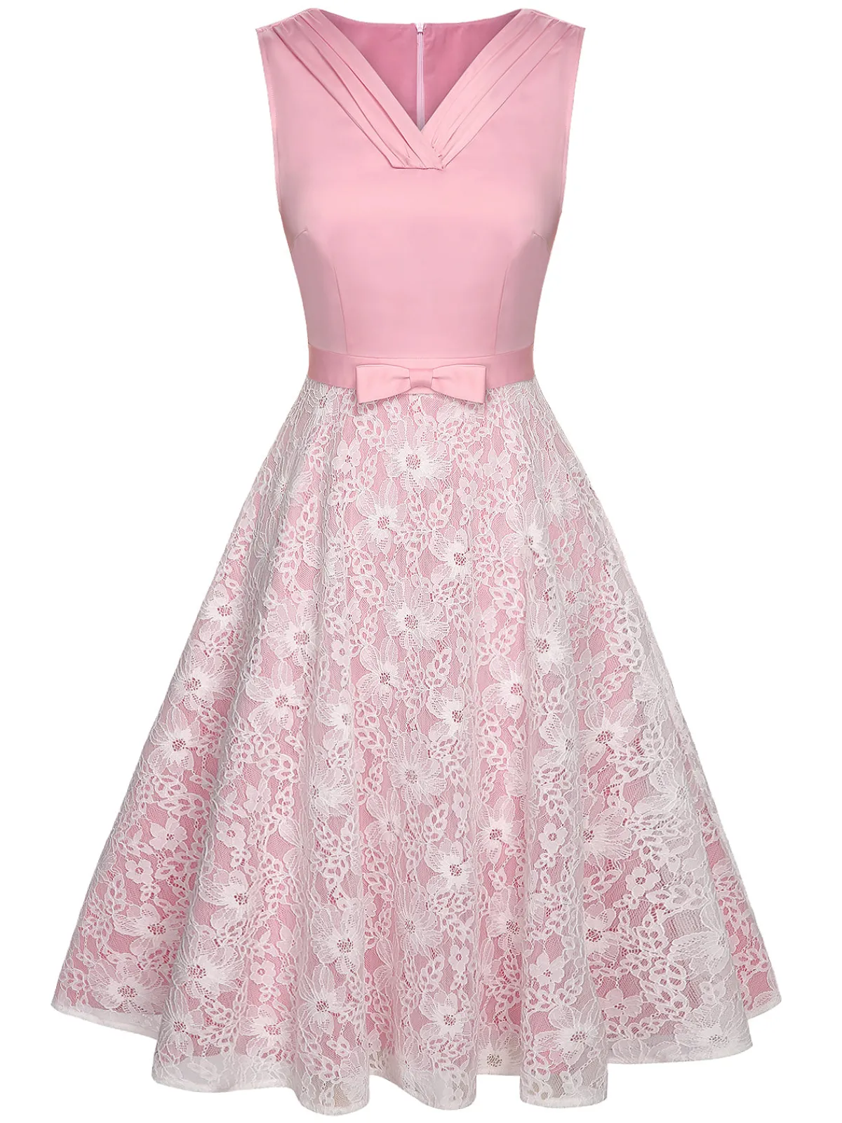 Clearance Retro Stage 1950s Solid Lace Patchwork Dress Pale Pink