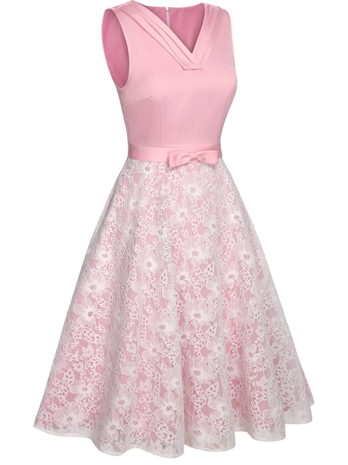 Clearance Retro Stage 1950s Solid Lace Patchwork Dress Pale Pink