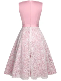 Clearance Retro Stage 1950s Solid Lace Patchwork Dress Pale Pink