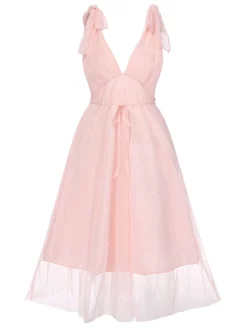 Sale Retro Stage 1950s Solid Polka Dots Lace-Up Dress Pale Pink