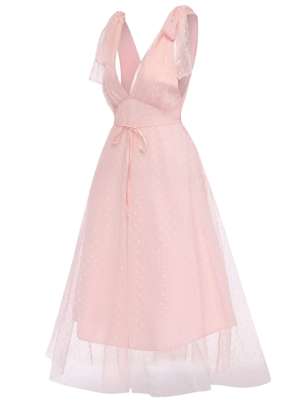Sale Retro Stage 1950s Solid Polka Dots Lace-Up Dress Pale Pink