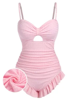 Discount Retro Stage Pale Pink 1950s Solid Ruched Swimsuit