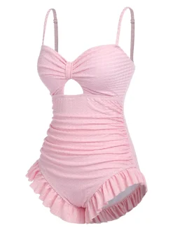 Discount Retro Stage Pale Pink 1950s Solid Ruched Swimsuit