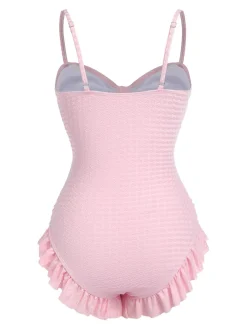 Discount Retro Stage Pale Pink 1950s Solid Ruched Swimsuit