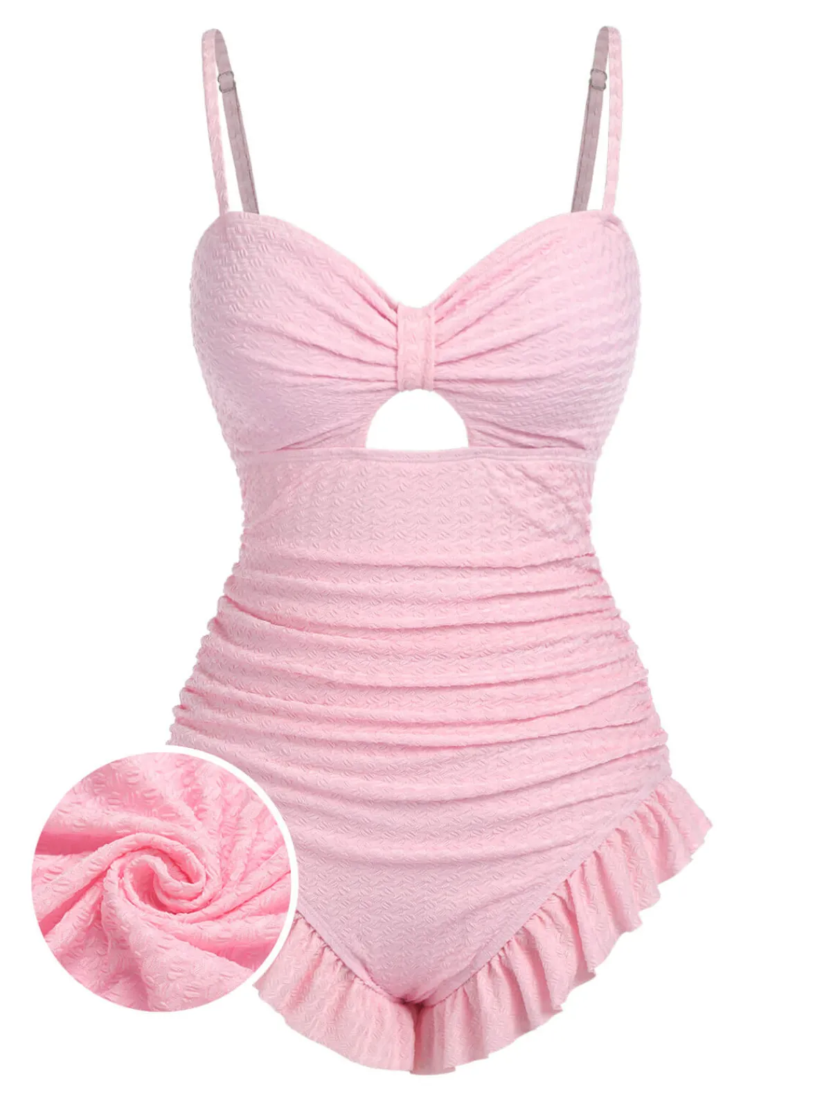Discount Retro Stage Pale Pink 1950s Solid Ruched Swimsuit