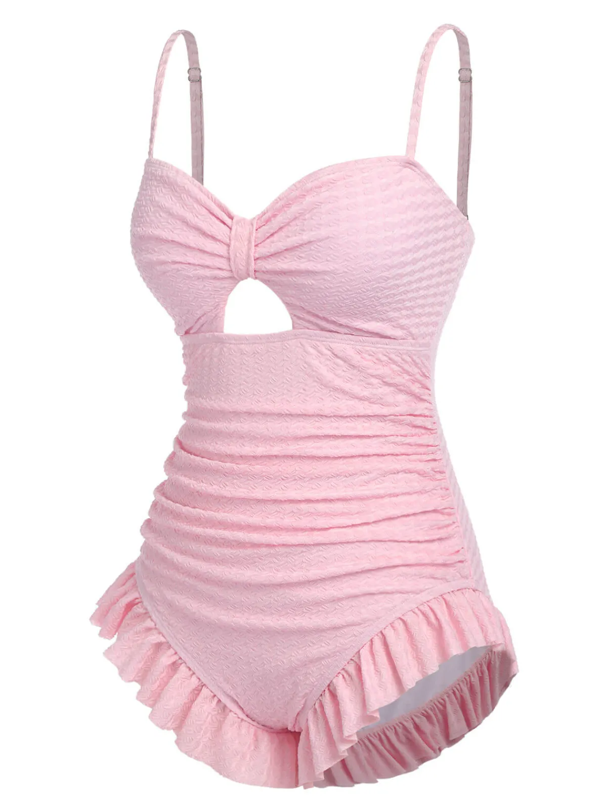 Discount Retro Stage Pale Pink 1950s Solid Ruched Swimsuit