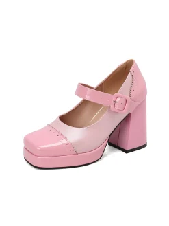 Hot Retro Stage Patent Leather Block Heel Square Toe High Heels