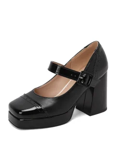 Hot Retro Stage Patent Leather Block Heel Square Toe High Heels