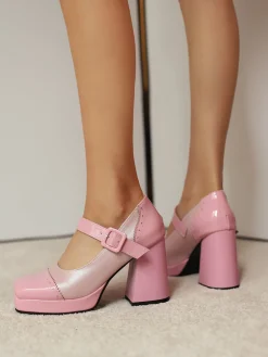 Hot Retro Stage Patent Leather Block Heel Square Toe High Heels