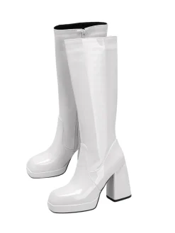 Outlet Retro Stage Patent Leather Round Toe Solid High Heel Boots