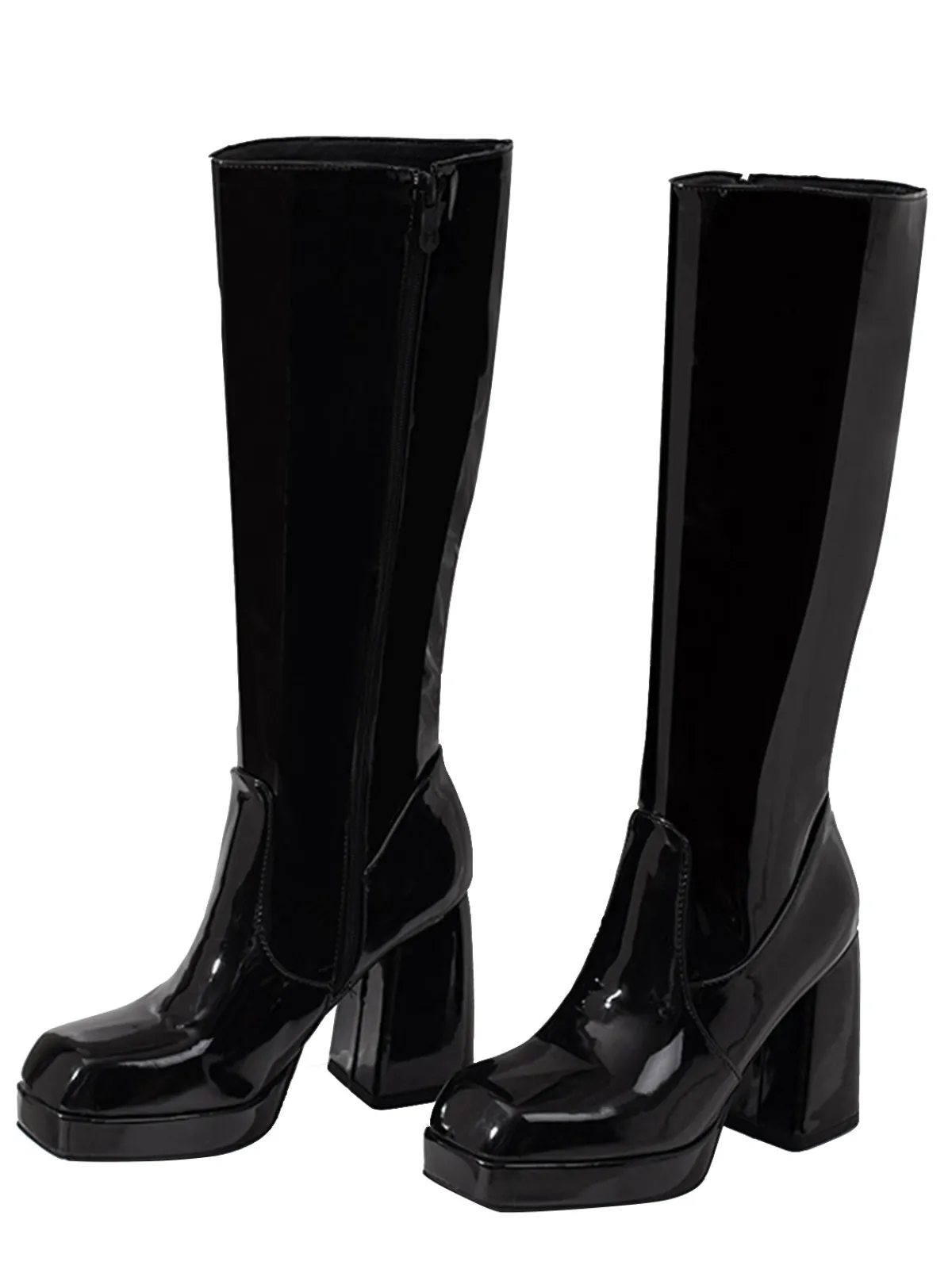 Outlet Retro Stage Patent Leather Round Toe Solid High Heel Boots