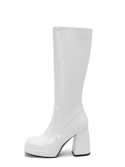 Outlet Retro Stage Patent Leather Round Toe Solid High Heel Boots