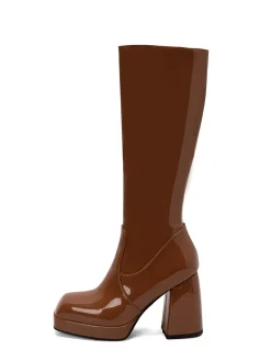 Outlet Retro Stage Patent Leather Round Toe Solid High Heel Boots