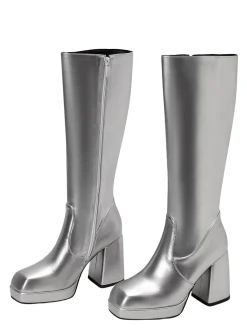 Outlet Retro Stage Patent Leather Round Toe Solid High Heel Boots