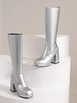 Outlet Retro Stage Patent Leather Round Toe Solid High Heel Boots